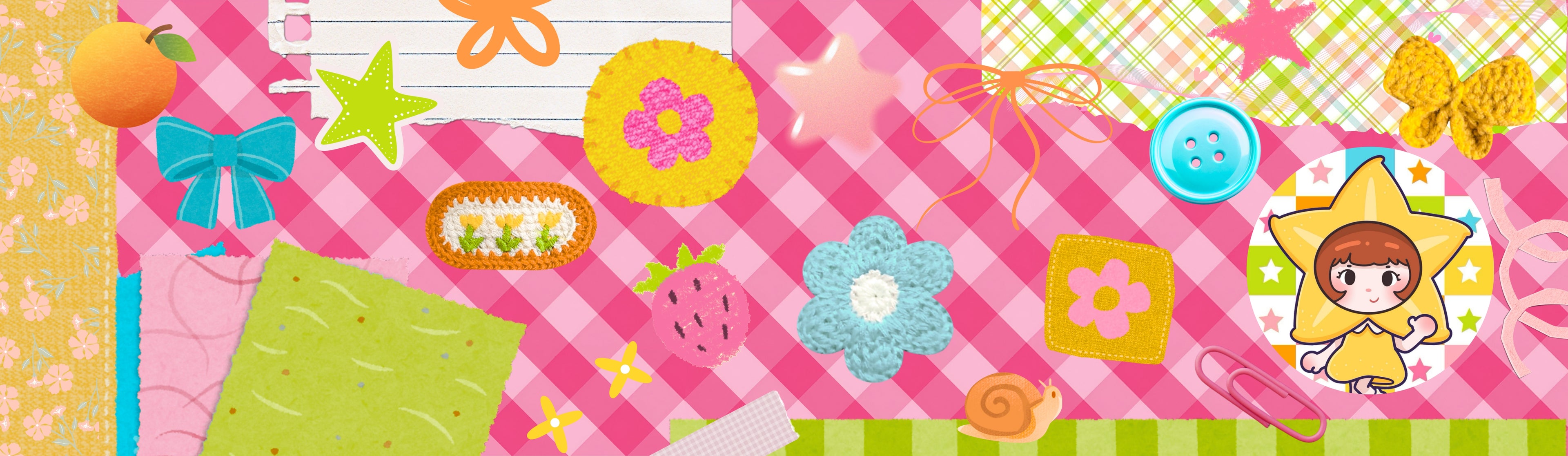 Colorful children's craft materials with a cartoon character on a checkered background