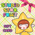 Gift card design with a cartoon character in a star costume on a colorful background, featuring the text 'Studio Star Fruit'.