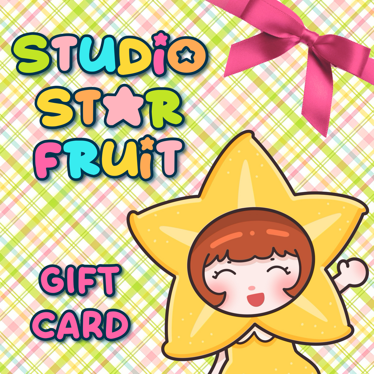 Gift card design with a cartoon character in a star costume on a colorful background, featuring the text 'Studio Star Fruit'.