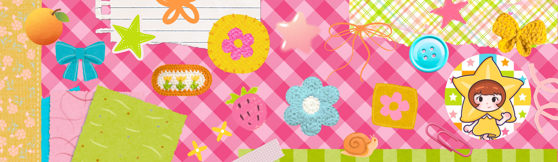 Colorful banner with cartoon character, flowers, and stars on a pink checkered background.
