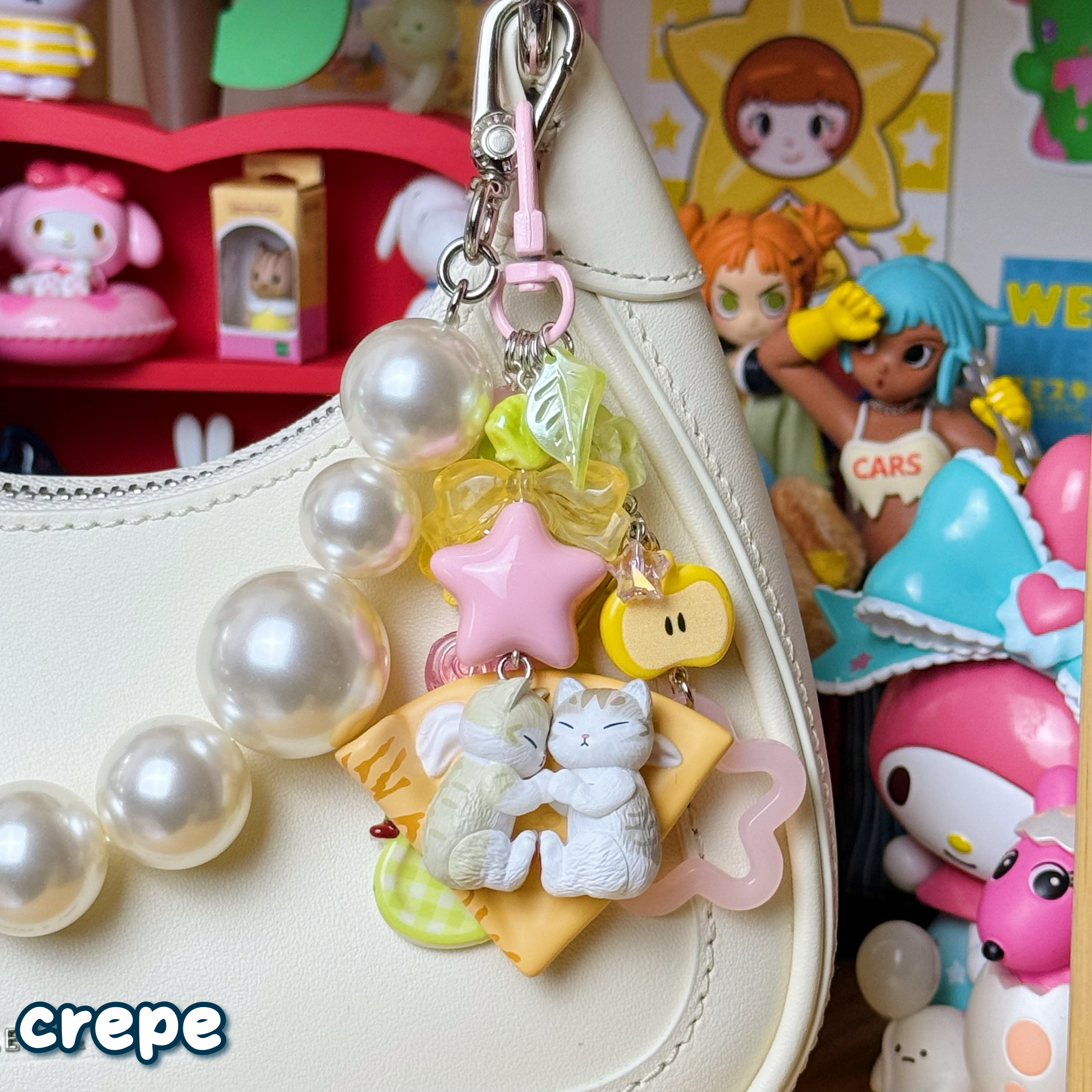 green, yellow, & pink crepe mofusand cat keychain