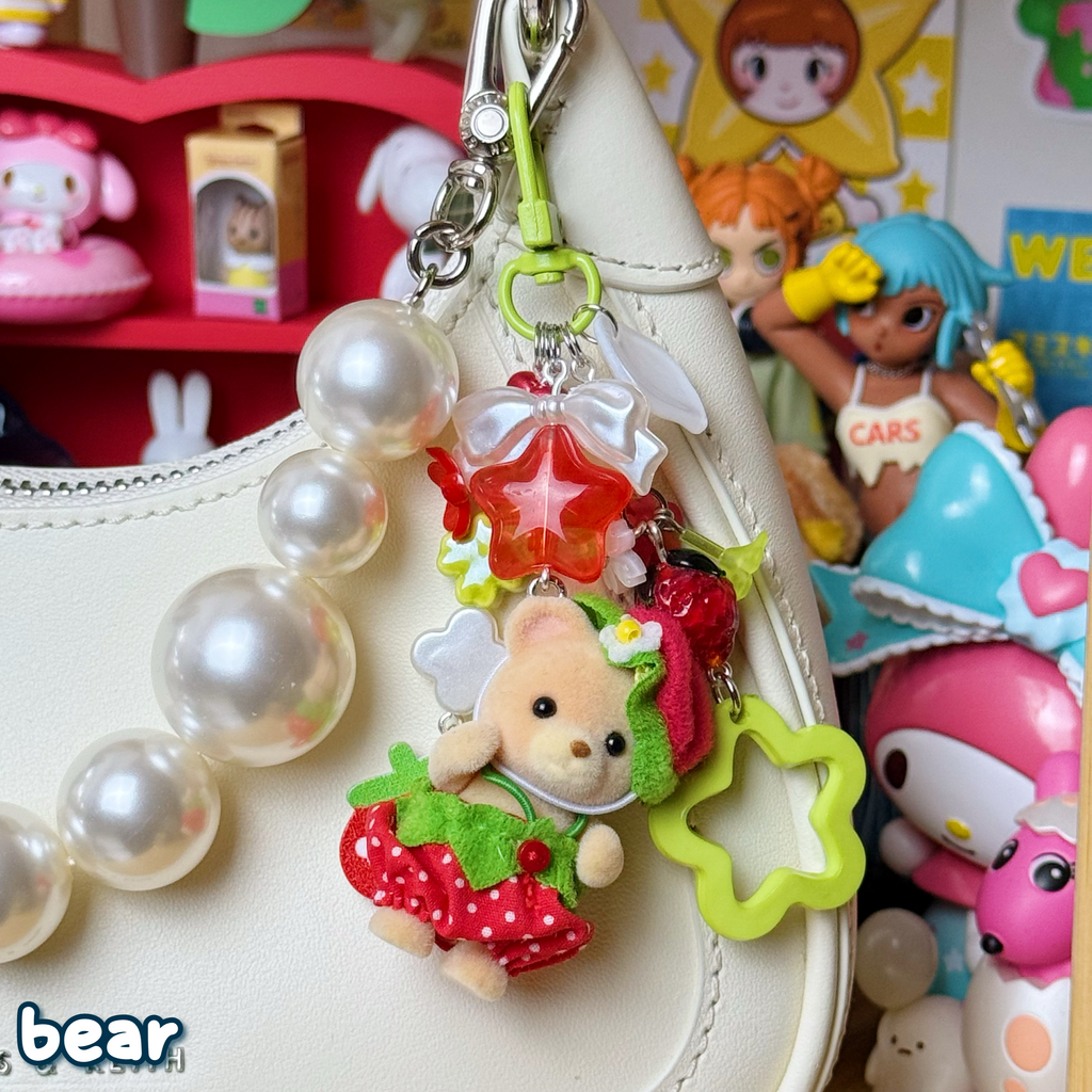 red, green, & white strawberry bear keychain