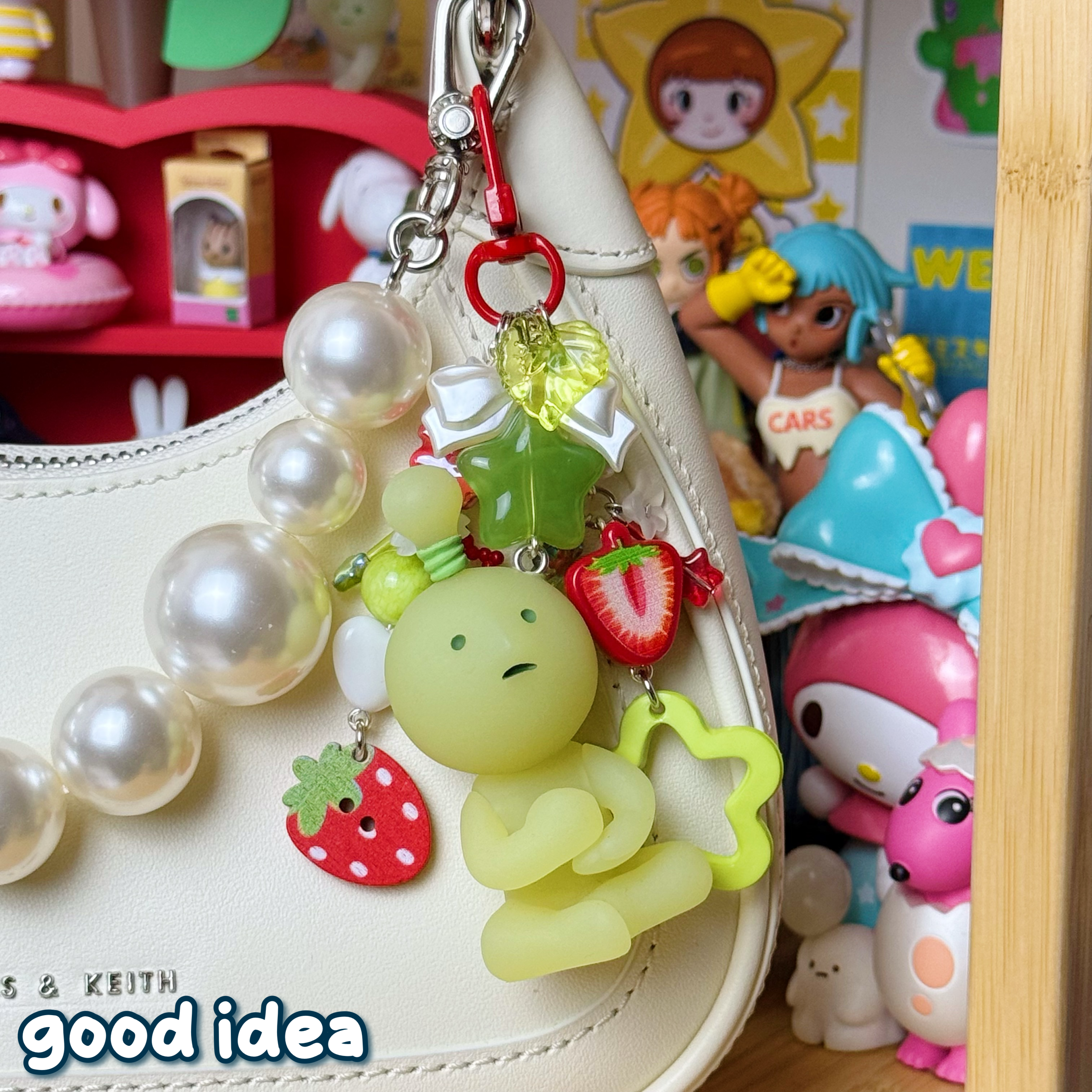 red, white, & green strawberry themed good idea smiski keychain
